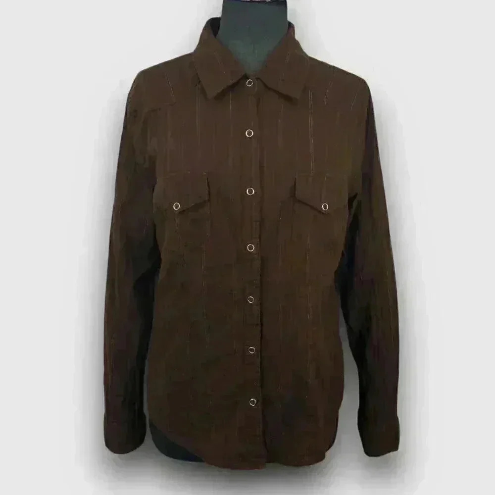 KELSO Women's Brown Button Front Shirt L Sparkly Vertical Stripe Collared Pocket